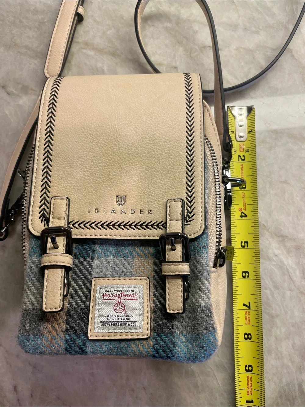 Islander Cream Leather & Blue Wool Messenger Crossbody